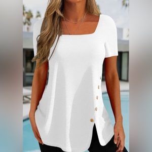 #32 Square Neck Button Slit Short Sleeve Top